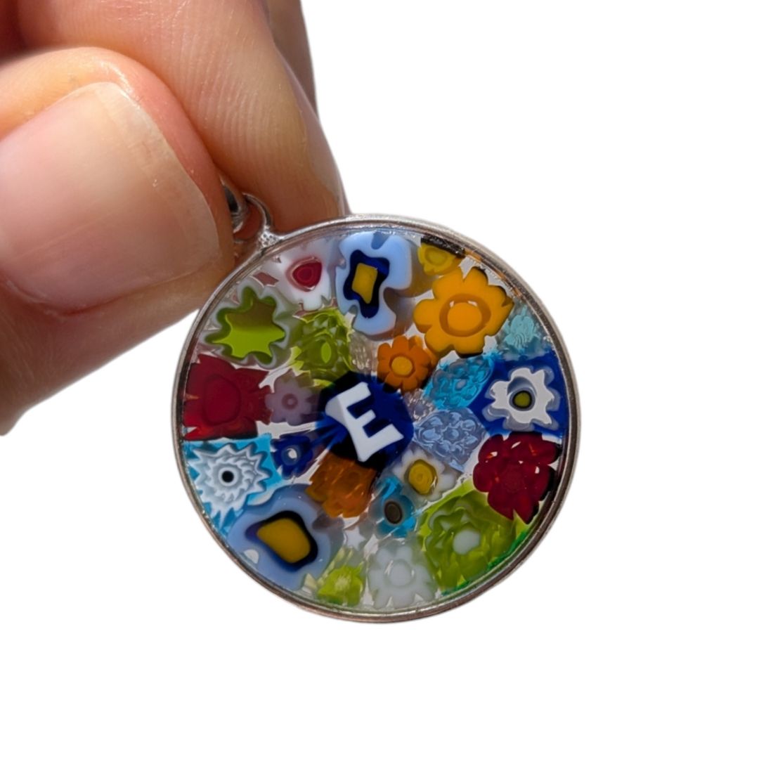 Letter E millefiori glass pendant murano glass flowers initials letter jewelry