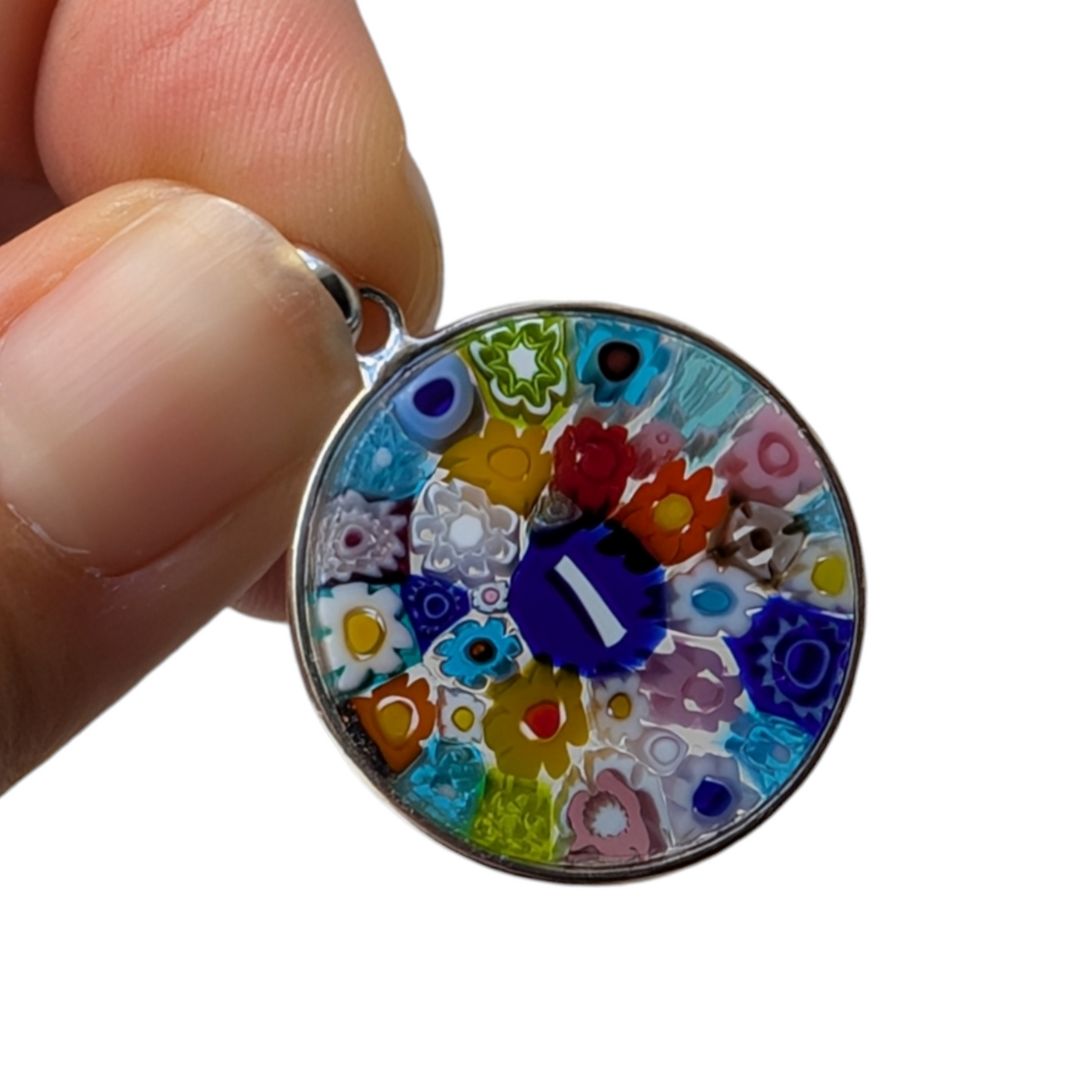 Letter I millefiori glass pendant murano glass flowers initials letter jewelry