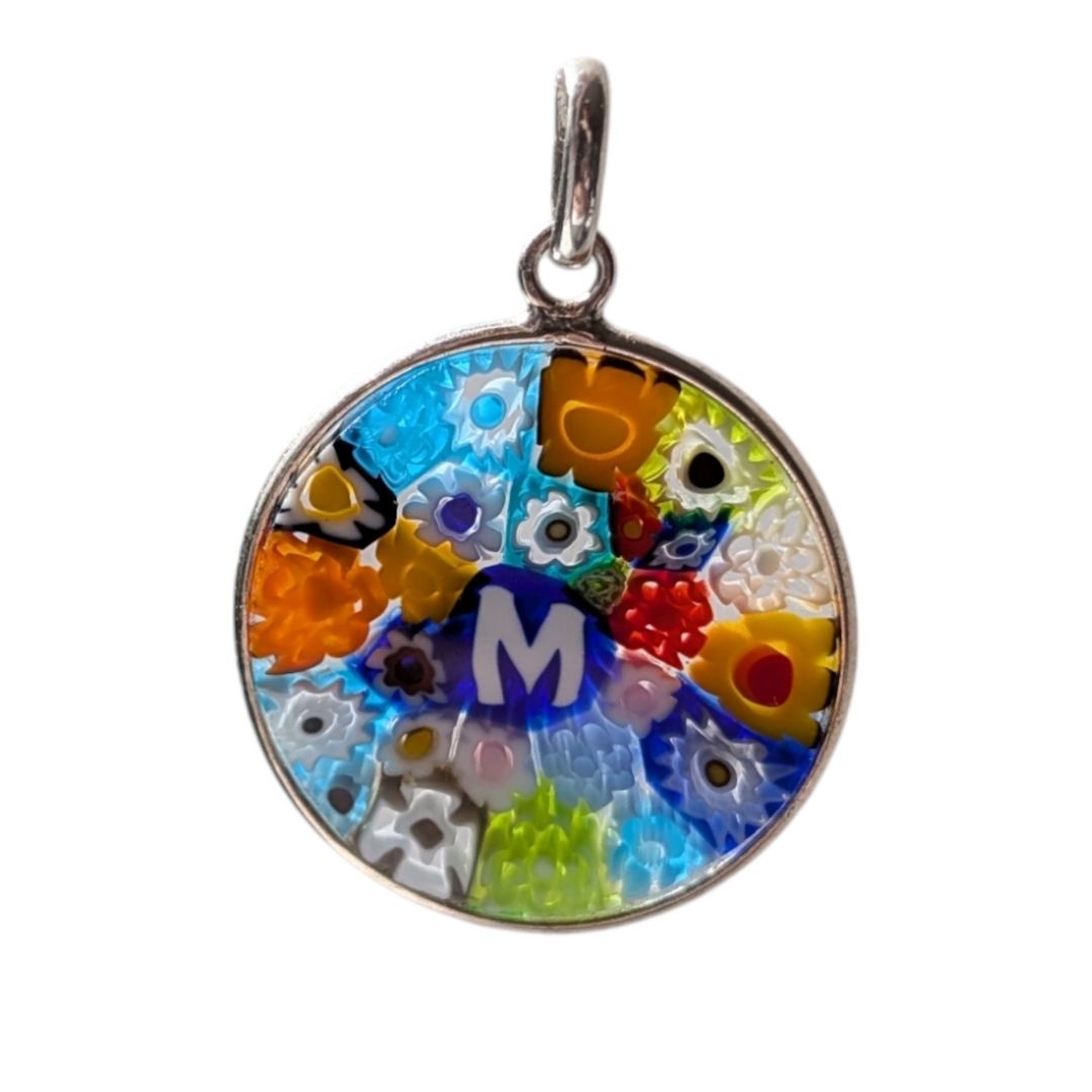 Letter A millefiori glass pendant murano glass flowers initials letter jewelry