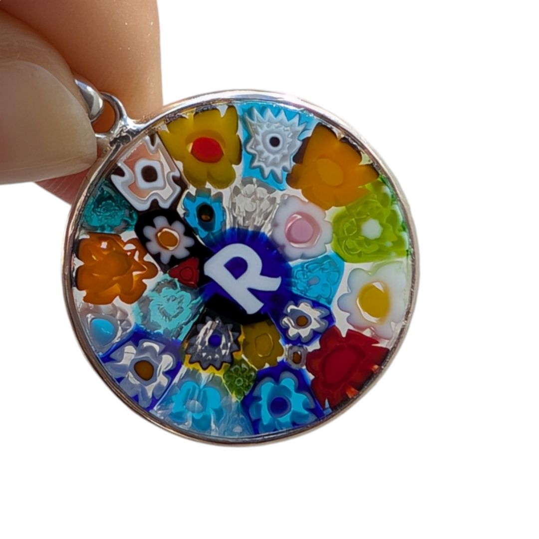 Letter R millefiori glass pendant murano glass flowers initials letter jewelry