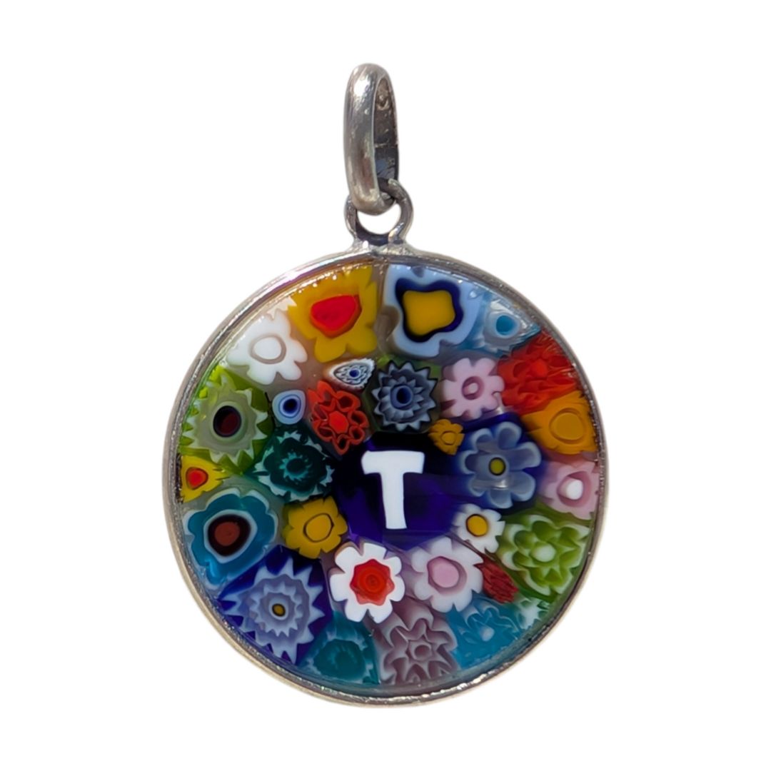 Letter T millefiori glass pendant murano glass flowers initials letter jewelry