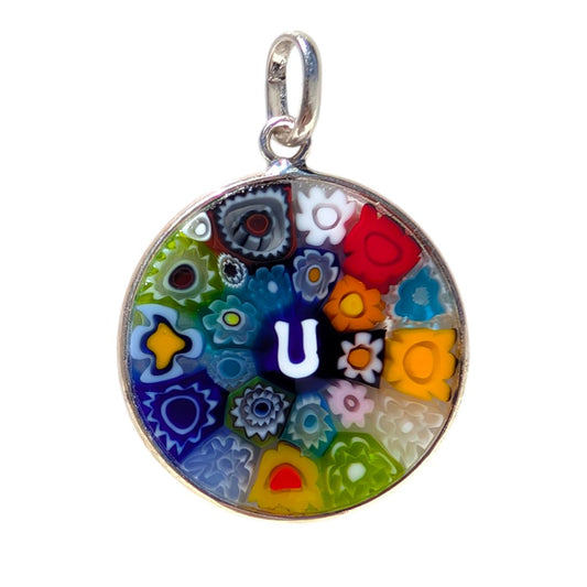 Letter U millefiori glass pendant murano glass flowers initials letter jewelry