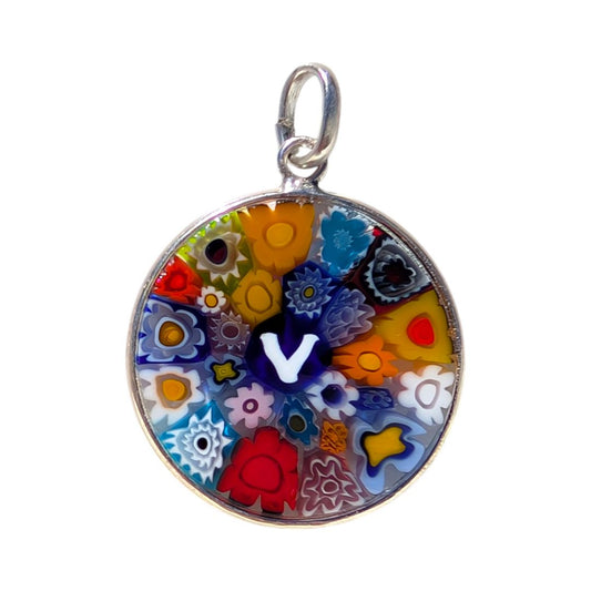 Letter V millefiori glass pendant murano glass flowers initials letter jewelry